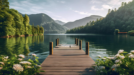 Wooden pier on the lake in the mountains. Summer landscape.の素材