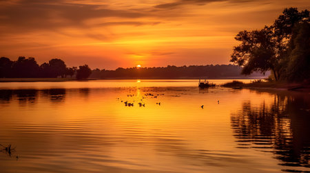 Sunset on the river in the evening. Beautiful nature background.の素材