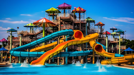 Colorful water slides in a children's amusement park on a sunny dayの素材