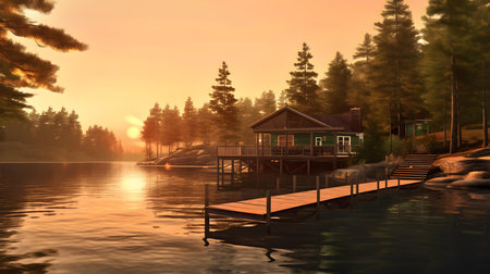 Wooden cottage on the lake at sunset, 3d render.の素材