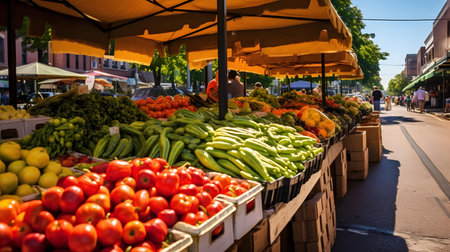 Fruits and vegetables at a farmers market in the city center.の素材