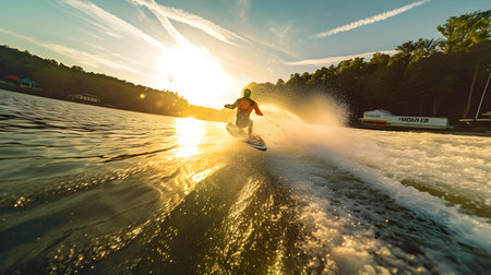 Young man skiing on a lake at sunset. Extreme sports. water skiingの素材