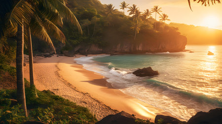 Tropical beach with palm trees at sunset, Seychellesの素材