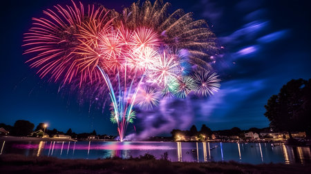 Colorful fireworks of various colors over night sky with reflection in waterの素材