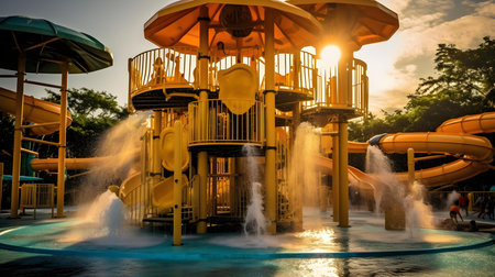 Water slides in the park at sunset, Bangkok, Thailand.の素材