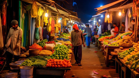 Unidentified Burmese man selling fruits and vegetables at night market in Mandalay, Myanmar.の素材