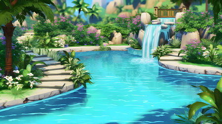 Illustration of a beautiful garden with a waterfall in the background - renderingの素材