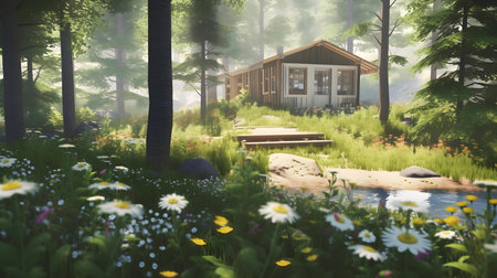 Wooden cottage in the forest in the morning fog. 3d renderingの素材