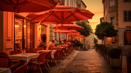 Tables and chairs in a street cafe in Prague, Czech Republicの素材