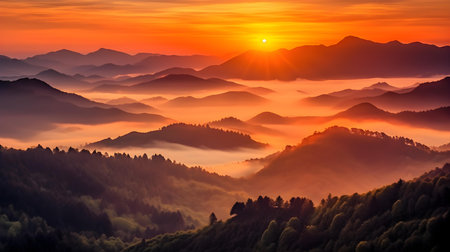 Colorful sunrise in the mountains. Panoramic view of the foggy valley in the morning.の素材