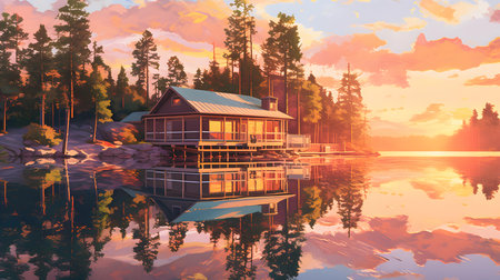 Wooden house on the lake at sunset, 3d illustration.の素材