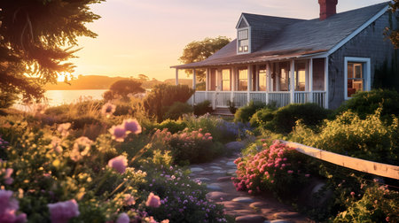 Sunset in the garden of a house with a beautiful view.の素材