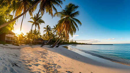 Tropical beach with coconut palm trees at sunset in the Maldivesの素材