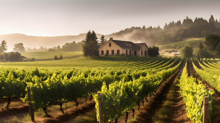 Rows of vineyards in the morning mist. Countryside.の素材