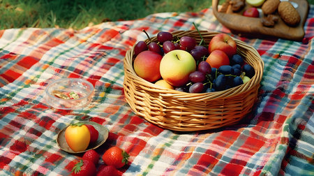 Picnic basket with fruits on checkered plaid in parkの素材