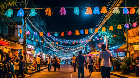 Unidentified people walking at night street market in Kanchanaburi, Thailand.の素材