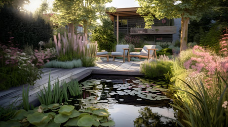 Beautiful garden with a pond and chairs in the evening light.の素材
