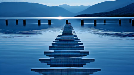 Conceptual image of a bridge over a lake with reflection in waterの素材