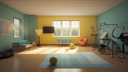 Interior of a fitness room with yellow and blue walls and wooden floor. 3d renderingの素材