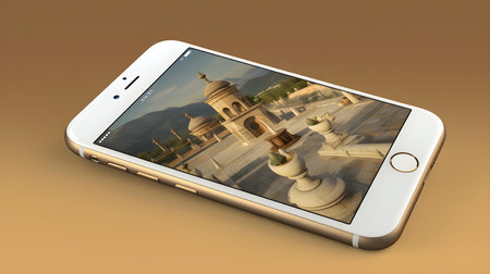 White smartphone with indian temple on the screen. 3D renderingの素材