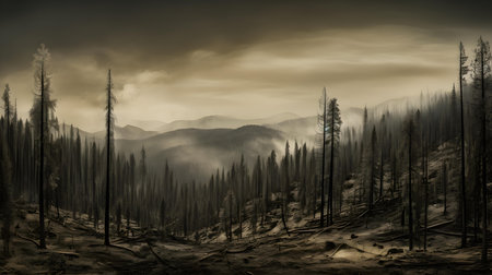 Foggy forest in the mountains. Conceptual image. 3D renderingの素材