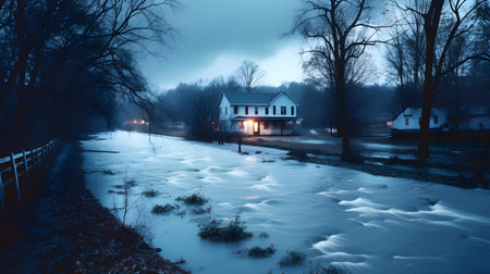 Winter landscape with frozen river and old houses in misty night.の素材