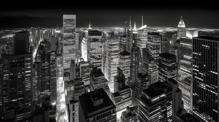New York City Manhattan skyline panorama at night with skyscrapers.の素材