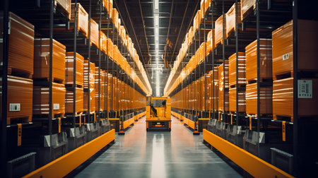 Fork lift in warehouse. Cargo freight transportation and distribution warehouse.の素材