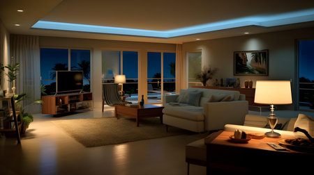 Luxury living room interior with night view. 3D renderingの素材