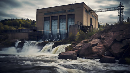 Hydroelectric power plant with a waterfall in the background. Toned.の素材