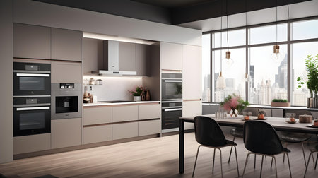 Luxury kitchen interior with furniture and city view. 3D renderingの素材