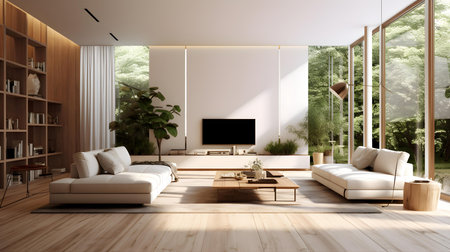 Modern bright interior 3D rendering illustration. Living room mockupの素材
