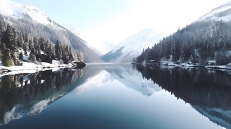 Lake in the mountains in winter with snow and reflection in the waterの素材
