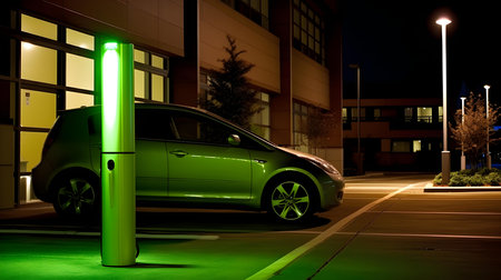 Electric car charging station at night. Green electric car charging on street.の素材