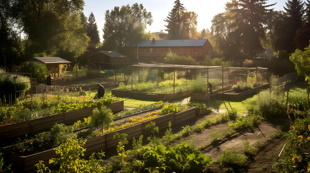 Sunrise in the vegetable garden in the village. Summer landscape.の素材