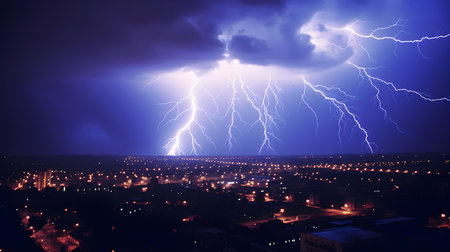 Lightning strike over the city at night, power and electricity conceptの素材