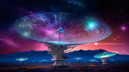Radio telescope against the background of the starry sky. 3d renderingの素材
