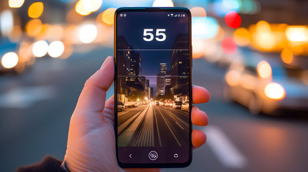 Smartphone with 5G network in hand on blurred background of city street at nightの素材
