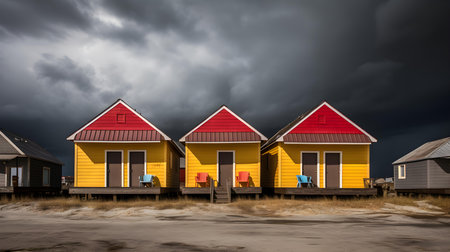 Beach huts with stormy sky in background, Cape Town, South Africaの素材