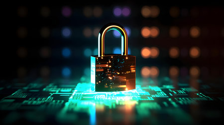 Cyber security concept. Padlock on digital background. 3D renderingの素材