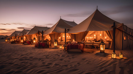 Wedding tent on the beach during sunset time in Dubai, United Arab Emiratesの素材