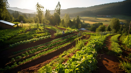 Vegetable garden in the mountains at sunset. Beautiful scenery.の素材