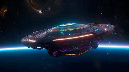 UFO in space. Alien spaceship in deep space. 3D renderingの素材