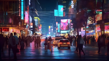 People walking on Times Square in New York City at nightの素材