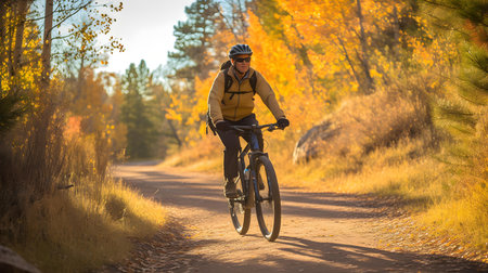 Cyclist Riding the Bike on the Trail in the Beautiful Autumn Forestの素材