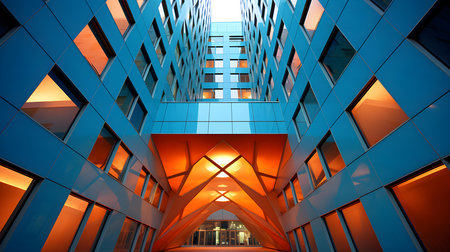 Modern office building with blue glass. Perspective view. 3D renderingの素材