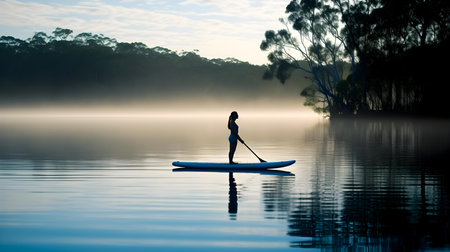 Silhouette of a woman standing on a stand up paddle board in a lakeの素材
