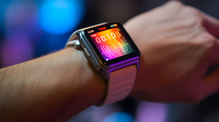 Smart watch with a touch screen in the hands of a man, close-upの素材
