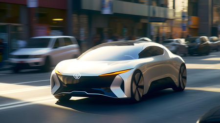 3D rendering of a brand-less generic concept car in the cityの素材