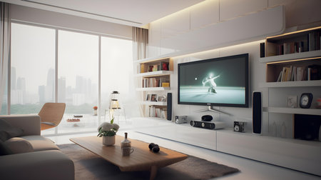 Interior of modern living room with TV on the wall. 3d renderingの素材